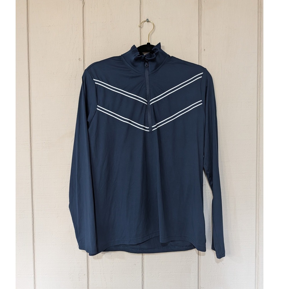 Polo Golf Ralph Lauren‎ Navy Blue Quarter Zip Pullover Ruffle Neck Chevron Large